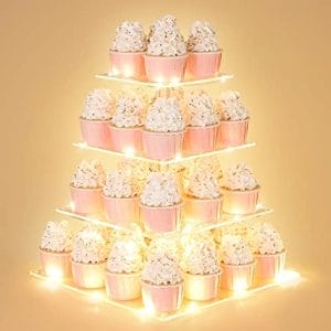 Soporte para cupcakes de 4 niveles con cadena de luces LED, soporte de exhibición de acrílico para cupcakes, soporte cuadrado para torre de cupcakes, soporte para tartas para cumpleaños, bodas, baby shower, fiestas